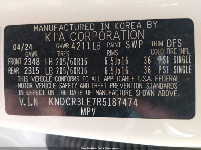 45498163 :رقم المزاد ، KNDCR3LE7R5187474 vin ، 2024 Kia Niro Ex مزاد بيع