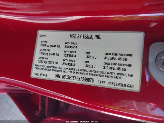 Tesla Model 3 Long Range/mid Range/standard Range/standard Range Plus 2019 5YJ3E1EA9KF299076 Image 9