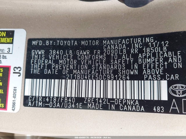 45498176 :رقم المزاد ، 2T1BU4EE5DC991264 vin ، 2013 Toyota Corolla مزاد بيع