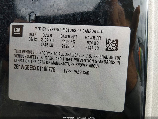 Aukcja sprzedaży 2013 Chevrolet Impala Lt, vin: 2G1WG5E3XD1100776, numer aukcji: 45498204