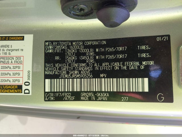 45498212 :رقم المزاد ، JTEMU5JR5M5905256 vin ، 2021 Toyota 4runner Sr5 مزاد بيع