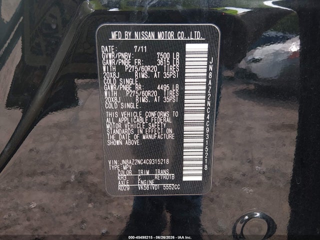 Aukcja sprzedaży 2012 Infiniti Qx56, vin: JN8AZ2NC4C9315218, numer aukcji: 45498215
