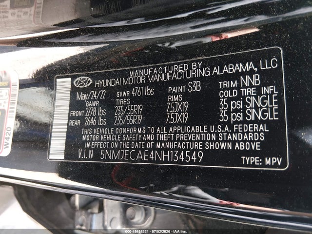 45498221 :رقم المزاد ، 5NMJECAE4NH134549 vin ، 2022 Hyundai Tucson Limited مزاد بيع