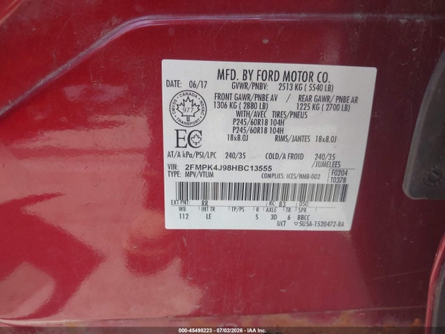 Aukcja sprzedaży 2017 Ford Edge Sel, vin: 2FMPK4J98HBC13555, numer aukcji: 45498223