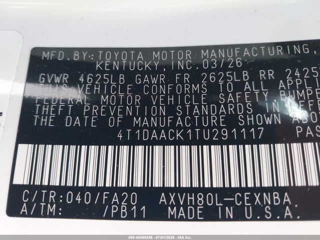 2026 Toyota Camry Le მანქანა იყიდება აუქციონზე, vin: 4T1DAACK1TU291117, აუქციონის ნომერი: 45498246