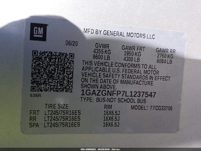 1GAZGNFP7L1237547 Chevrolet Express Passenger Rwd 3500 Extended Wheelbase Ls
