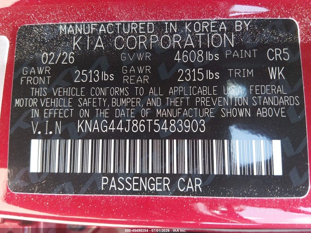 Aukcja sprzedaży 2026 Kia K5 Gt, vin: KNAG44J86T5483903, numer aukcji: 45498254