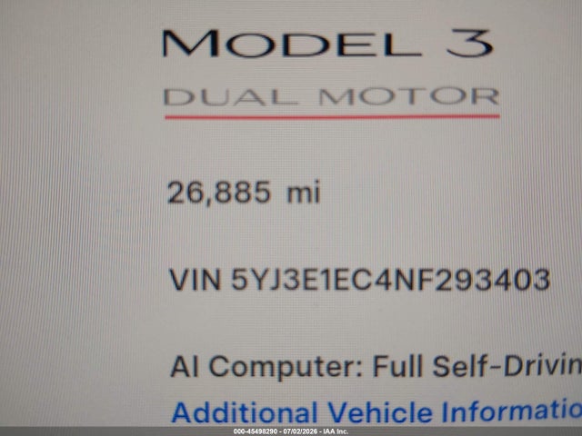 2022 Tesla Model 3 Performance Dual Motor All-wheel Drive მანქანა იყიდება აუქციონზე, vin: 5YJ3E1EC4NF293403, აუქციონის ნომერი: 45498290