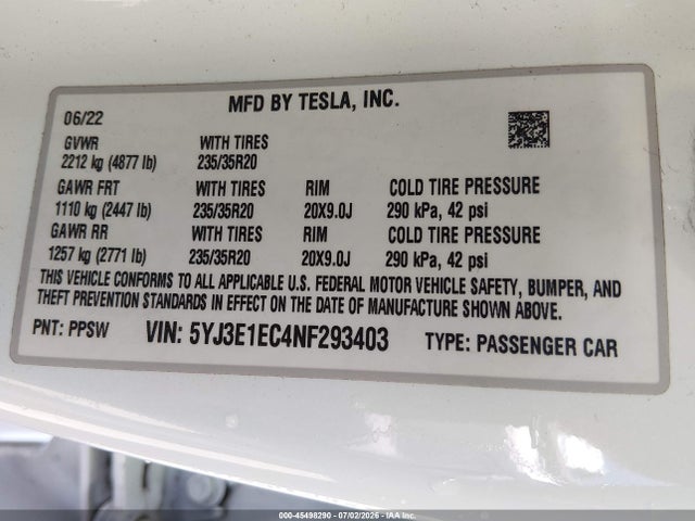 2022 Tesla Model 3 Performance Dual Motor All-wheel Drive მანქანა იყიდება აუქციონზე, vin: 5YJ3E1EC4NF293403, აუქციონის ნომერი: 45498290