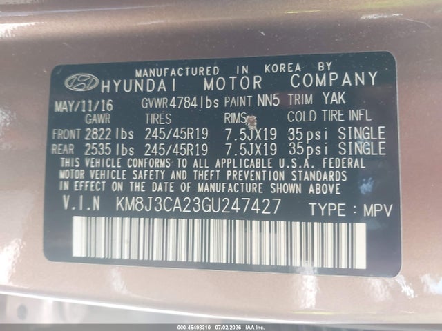 Продажа на аукционе авто 2016 Hyundai Tucson Sport, vin: KM8J3CA23GU247427, номер лота: 45498310