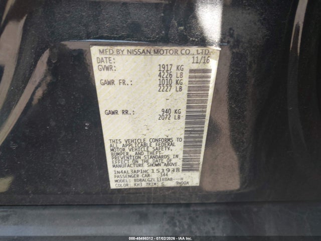 45498312 :رقم المزاد ، 1N4AL3AP1HC151938 vin ، 2017 Nissan Altima 2.5 S مزاد بيع