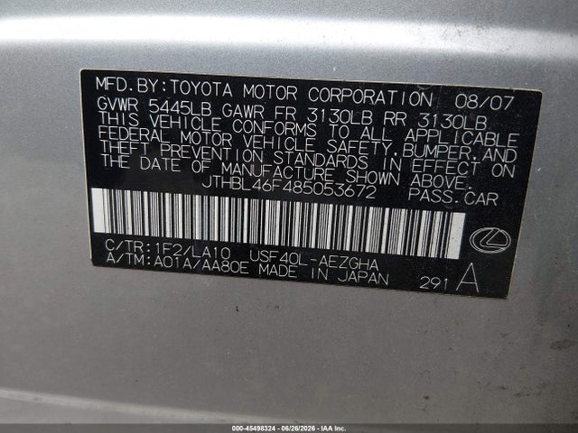 Aukcja sprzedaży 2008 Lexus Ls 460, vin: JTHBL46F485053672, numer aukcji: 45498324