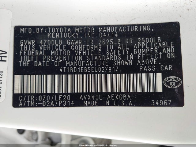 4T1BD1EB5EU027817 Toyota Avalon Hybrid Xle Touring