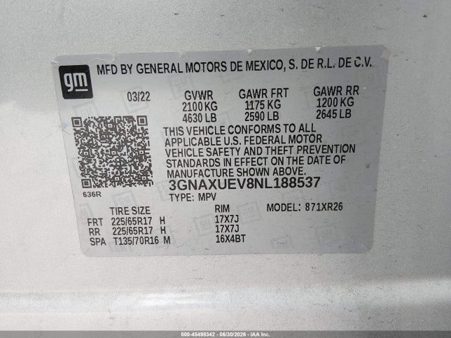 Продажа на аукционе авто 2022 Chevrolet Equinox Awd Lt, vin: 3GNAXUEV8NL188537, номер лота: 45498342