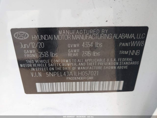 Продаж на аукціоні авто 2020 Hyundai Sonata Sel, vin: 5NPEL4JA1LH057021, номер лоту: 45498357