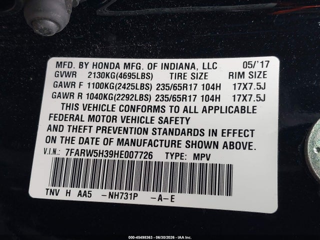 Honda CR-V LX 2017 7FARW5H39HE007726 Image 9