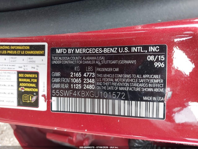 45498375 :رقم المزاد ، 55SWF4KBXGU101572 vin ، 2016 Mercedes-benz C 300 Sport 4matic مزاد بيع