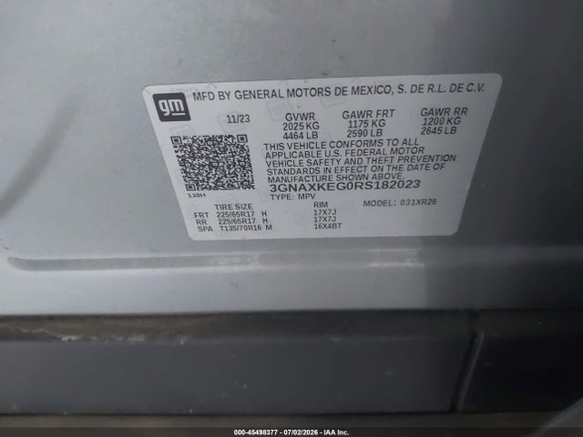Aukcja sprzedaży 2024 Chevrolet Equinox Fwd Lt, vin: 3GNAXKEG0RS182023, numer aukcji: 45498377