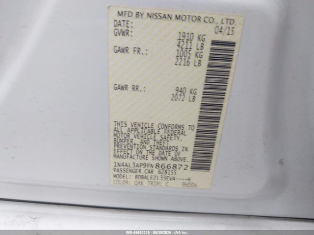 Nissan Altima 2.5 S 2015 1N4AL3AP9FN866872 Image 9