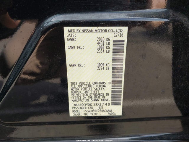 45498399 :رقم المزاد ، 1N4BZ0CP3HC303748 vin ، 2017 Nissan Leaf Sv مزاد بيع