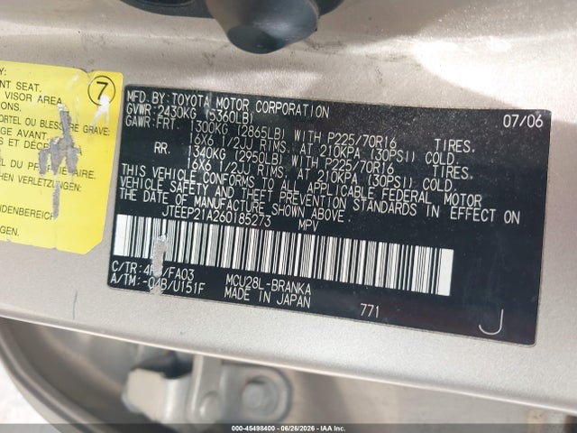 Aukcja sprzedaży 2006 Toyota Highlander V6, vin: JTEEP21A260185273, numer aukcji: 45498400