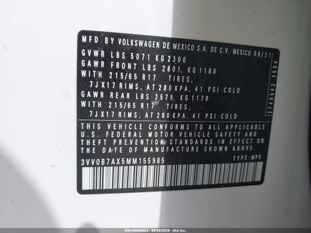 3VV0B7AX5MM155985 Volkswagen Tiguan 2.0t S