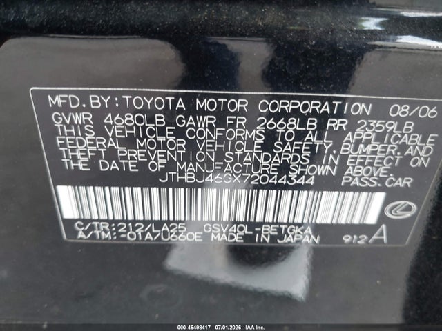 45498417 :رقم المزاد ، JTHBJ46GX72044344 vin ، 2007 Lexus Es 350 مزاد بيع