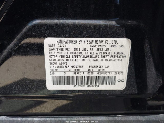 45498423 :رقم المزاد ، JN1EV7CP1MM707358 vin ، 2021 Infiniti Q50 Signature Edition مزاد بيع