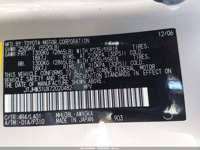 Aukcja sprzedaży 2007 Lexus Rx 400h, vin: JTJHW31UX72020482, numer aukcji: 45498465