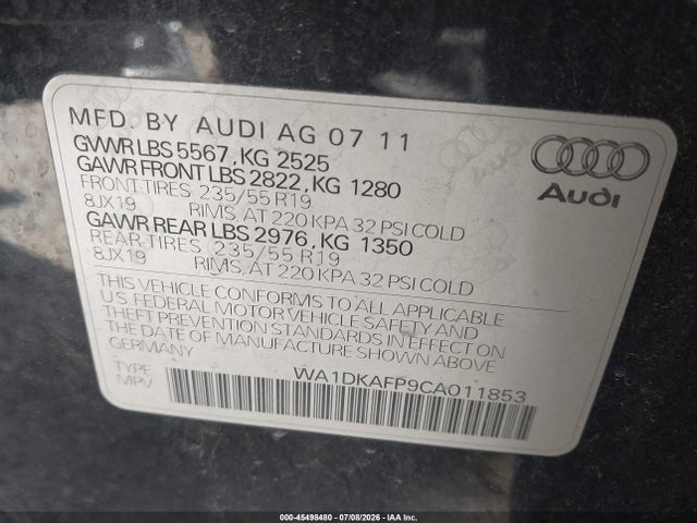 45498480 :رقم المزاد ، WA1DKAFP9CA011853 vin ، 2012 Audi Q5 3.2 Premium Plus مزاد بيع