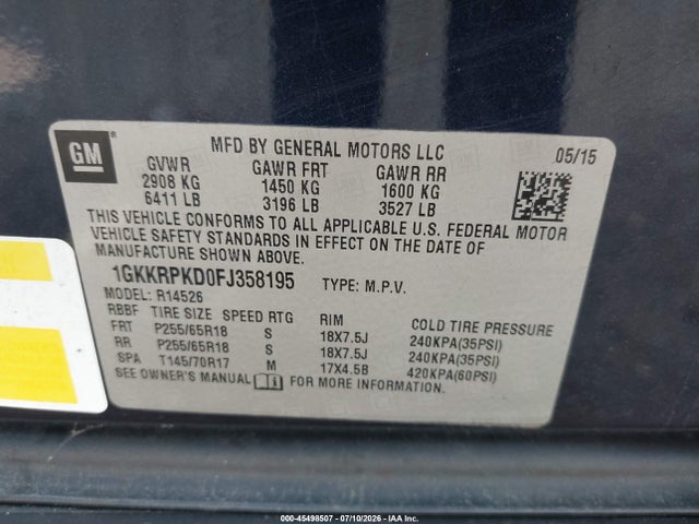 2015 Gmc Acadia Sle-2 მანქანა იყიდება აუქციონზე, vin: 1GKKRPKD0FJ358195, აუქციონის ნომერი: 45498507