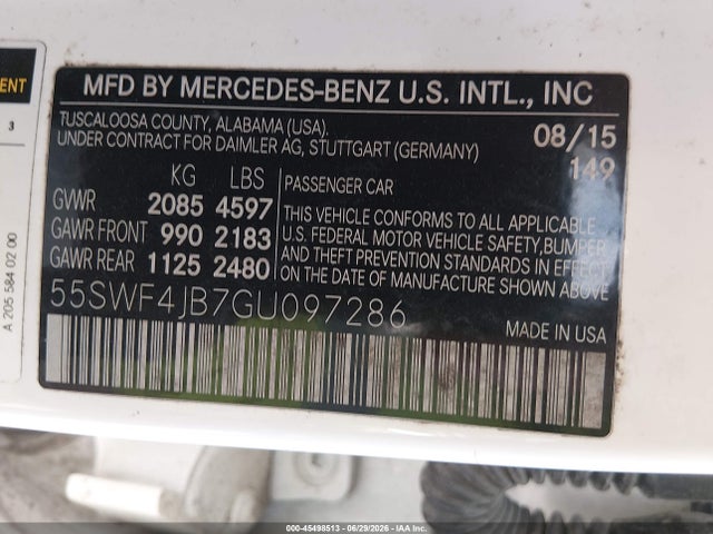 45498513 :رقم المزاد ، 55SWF4JB7GU097286 vin ، 2016 Mercedes-benz C 300 مزاد بيع