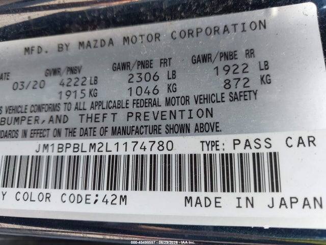 2020 Mazda Mazda3 მანქანა იყიდება აუქციონზე, vin: JM1BPBLM2L1174780, აუქციონის ნომერი: 45498557