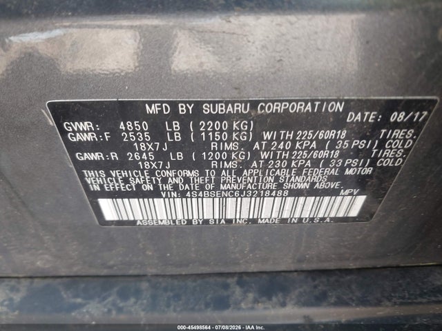 Subaru Outback 3.6r Limited 2018 4S4BSENC6J3218488 Image 9