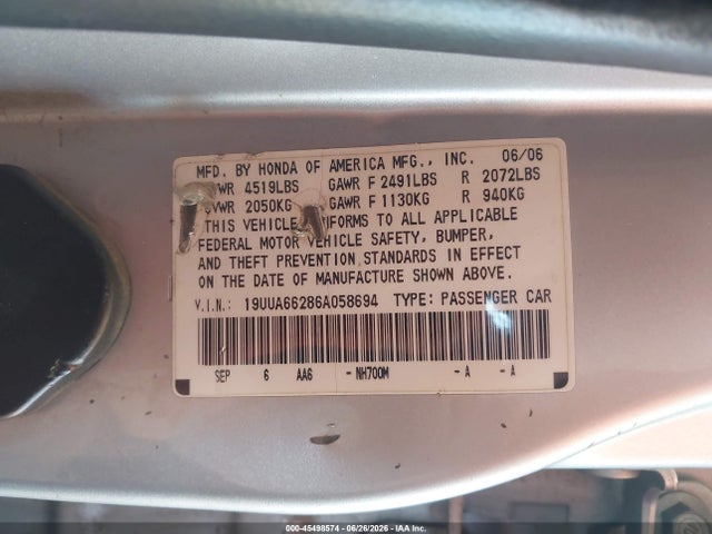 45498574 :رقم المزاد ، 19UUA66286A058694 vin ، 2006 Acura Tl مزاد بيع