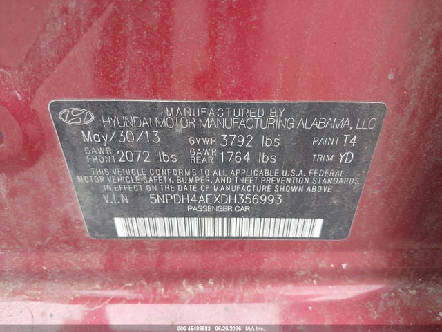 45498583 :رقم المزاد ، 5NPDH4AEXDH356993 vin ، 2013 Hyundai Elantra Gls مزاد بيع