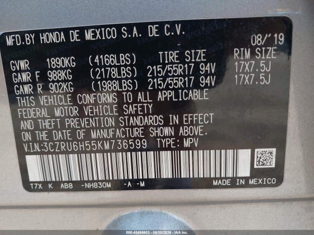 3CZRU6H55KM736599 Honda HR-V EX