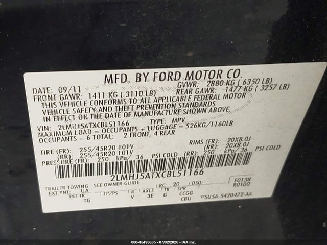 Aukcja sprzedaży 2012 Lincoln Mkt Ecoboost, vin: 2LMHJ5ATXCBL51166, numer aukcji: 45498665