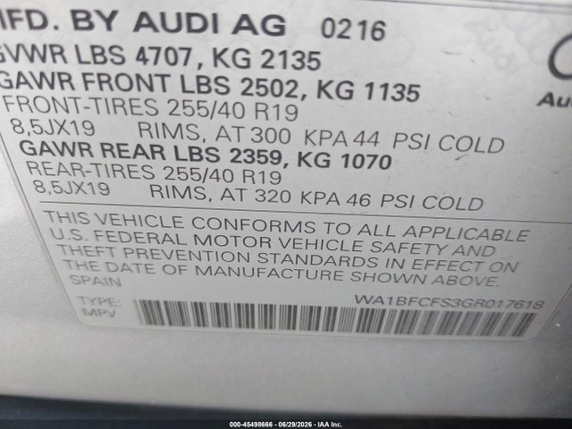 2016 Audi Q3 2.0t Premium Plus მანქანა იყიდება აუქციონზე, vin: WA1BFCFS3GR017618, აუქციონის ნომერი: 45498666