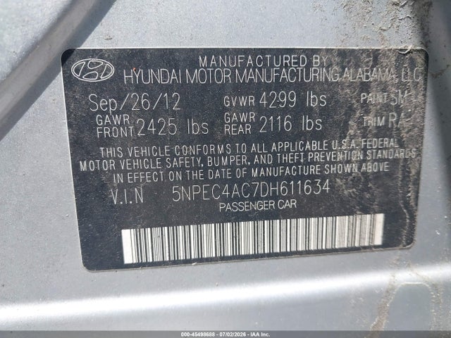 Продажа на аукционе авто 2013 Hyundai Sonata Se, vin: 5NPEC4AC7DH611634, номер лота: 45498688