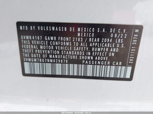 Продажа на аукционе авто 2022 Volkswagen Jetta 1.5t Sel, vin: 3VWGM7BU7NM029878, номер лота: 45498689