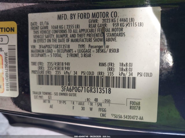 Auction sale of the 2016 Ford Fusion S, vin: 3FA6P0G71GR313518, lot number: 45498746