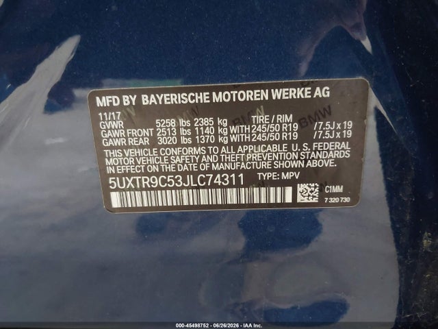 2018 Bmw X3 Xdrive30i მანქანა იყიდება აუქციონზე, vin: 5UXTR9C53JLC74311, აუქციონის ნომერი: 45498752