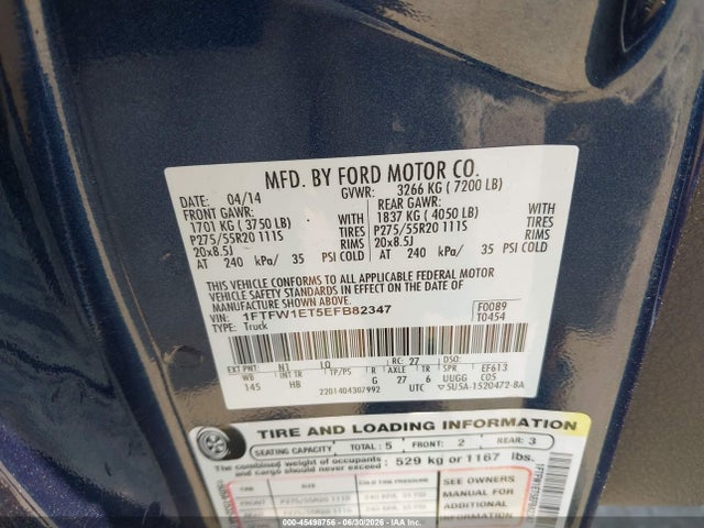 Ford F-150 Lariat 2014 1FTFW1ET5EFB82347 Image 9