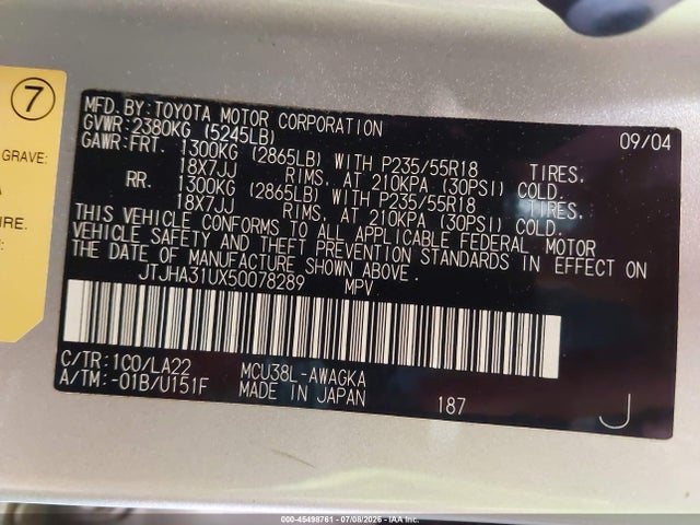 45498761 :رقم المزاد ، JTJHA31UX50078289 vin ، 2005 Lexus Rx 330 مزاد بيع