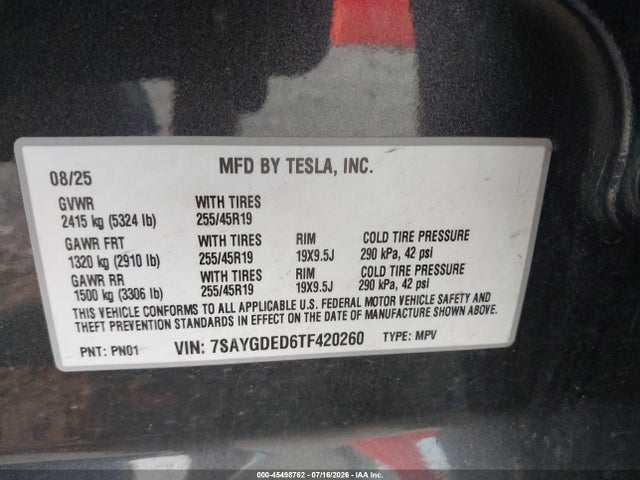 Aukcja sprzedaży 2026 Tesla Model Y Premium Rear-wheel Drive/rear-wheel Drive, vin: 7SAYGDED6TF420260, numer aukcji: 45498762