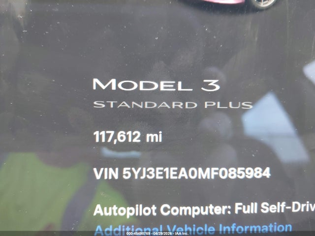45498769 :رقم المزاد ، 5YJ3E1EA0MF085984 vin ، 2021 Tesla Model 3 Standard Range Plus Rear-wheel Drive مزاد بيع