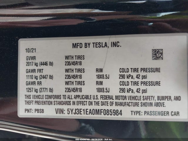 45498769 :رقم المزاد ، 5YJ3E1EA0MF085984 vin ، 2021 Tesla Model 3 Standard Range Plus Rear-wheel Drive مزاد بيع