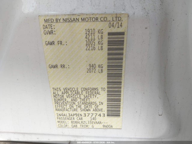 45498829 :رقم المزاد ، 1N4AL3AP9EN377743 vin ، 2014 Nissan Altima 2.5/2.5 S/2.5 Sl/2.5 Sv مزاد بيع