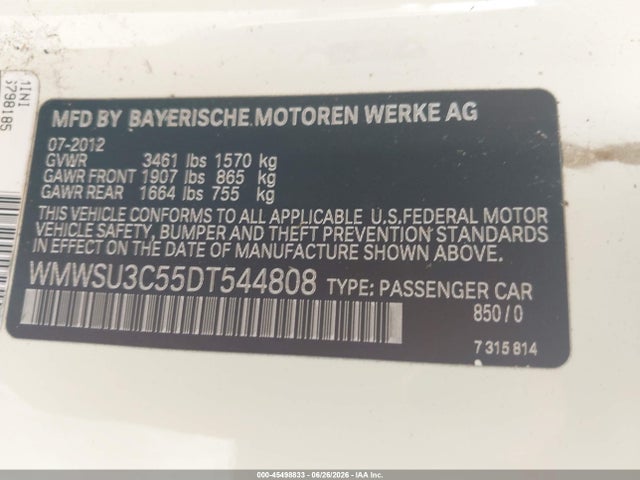 2013 Mini Hardtop Cooper მანქანა იყიდება აუქციონზე, vin: WMWSU3C55DT544808, აუქციონის ნომერი: 45498833
